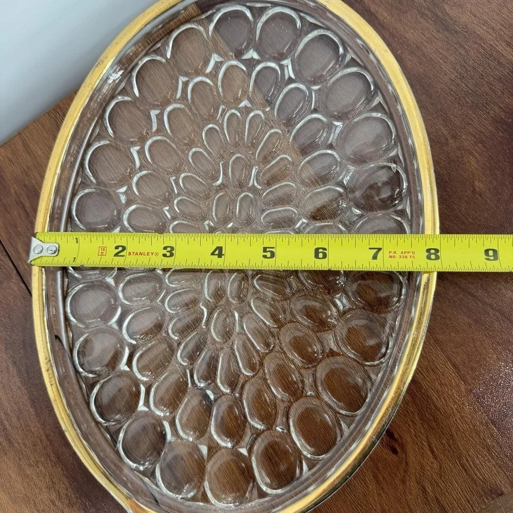 VTG Jeannette Thumbprint Gold Trim Juice Glasses Pitcher Tray Set Mid Century